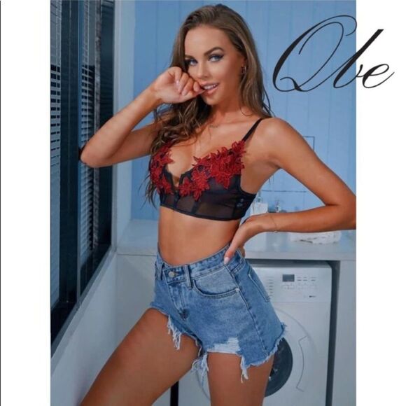 QBE Floral Appliqués Sheer Mesh Bralette - Picture 1 of 5